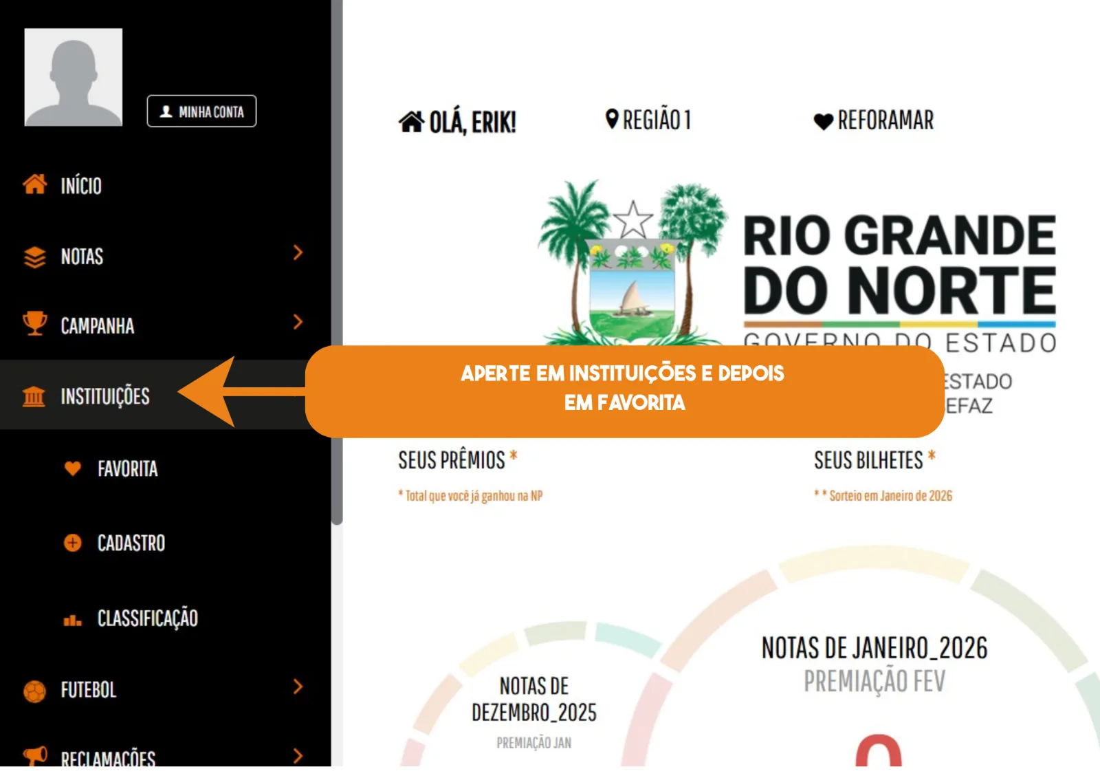 Passo 1: no menu do app, aperte em Instituições e depois em Favorita